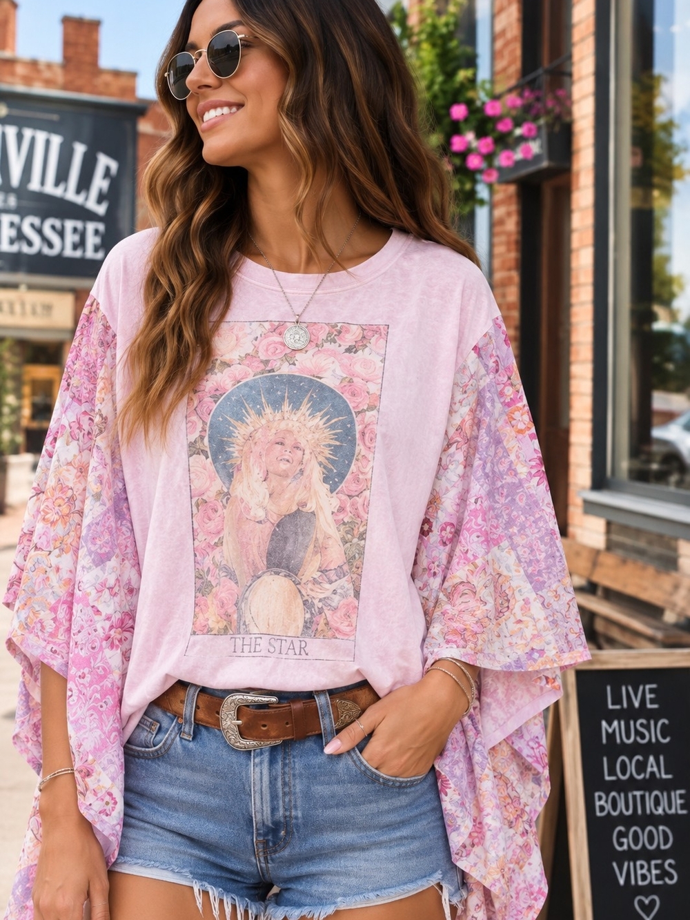 Dolly Print Washed Poncho Top from Blue Velvet